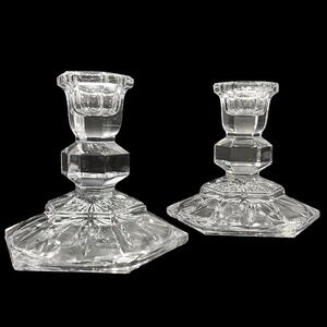 Vintage 1970s Towle Austria Pair of Hexagon Crystal Clear Candlesticks Holders